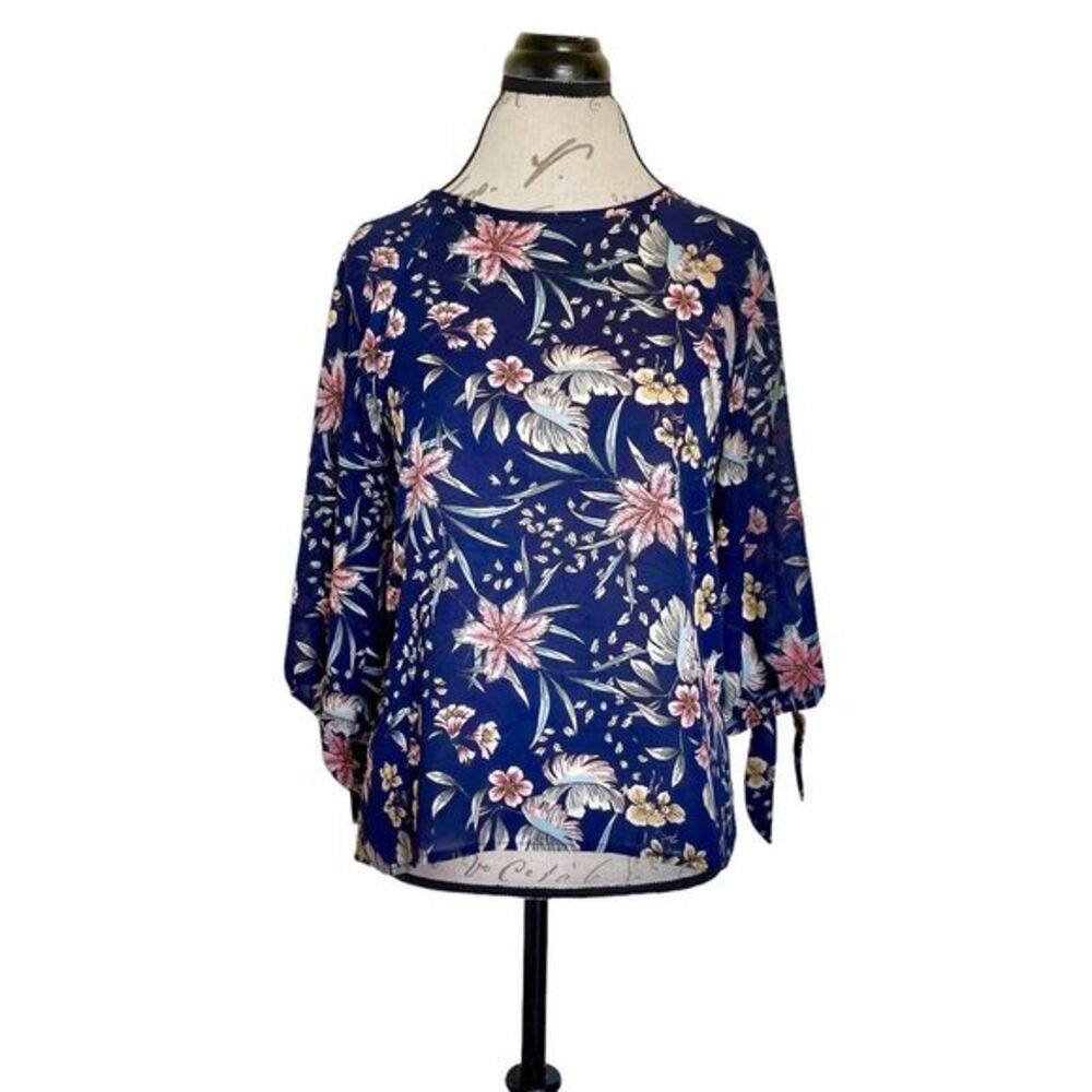 Papermoon Womens Blouse Size XS Floral Blue Pink Sleeve Tie Botanical Semisheer